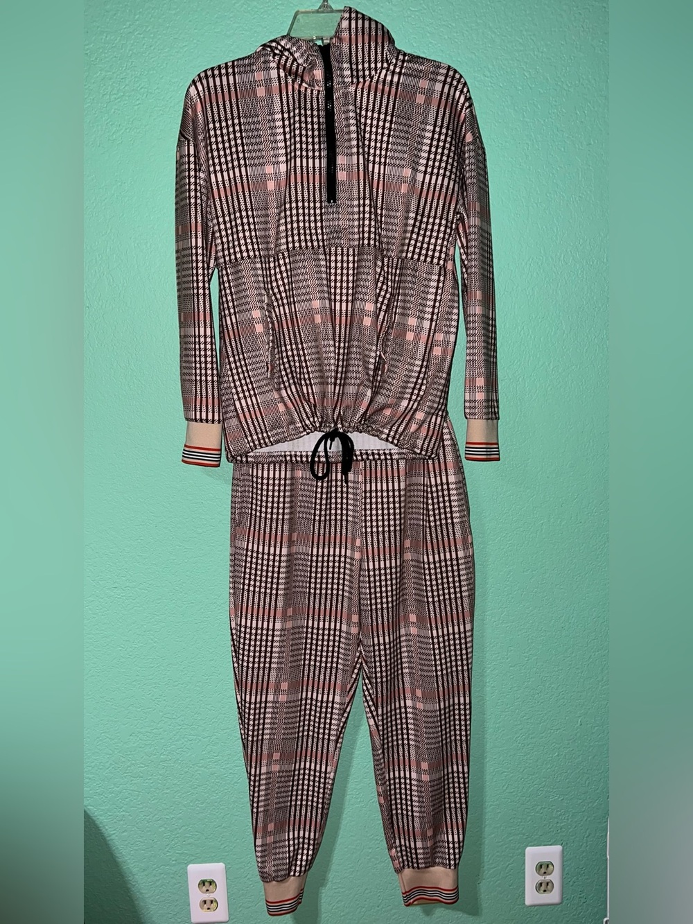 Plaid Pull-On Jumpsuit with Drawstring Waist in Pink and Black